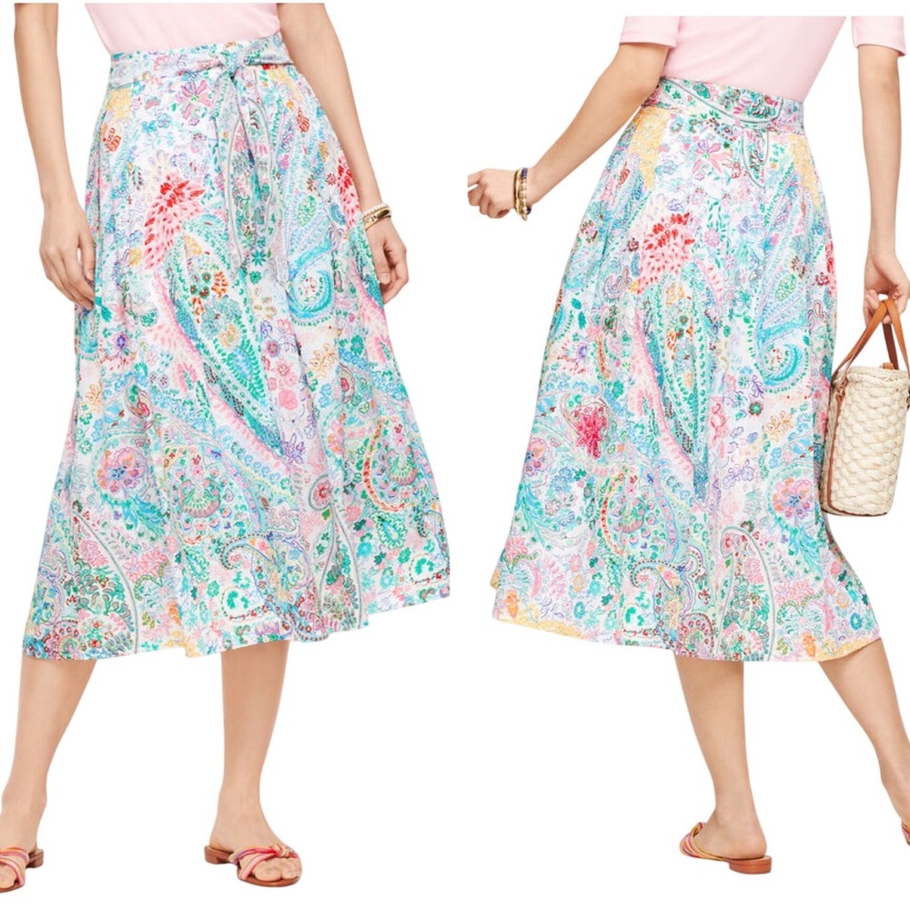 Talbots Womens Midi Skirt 4 Paisley Floral Tie Waist Cotton Pockets Cottagecore